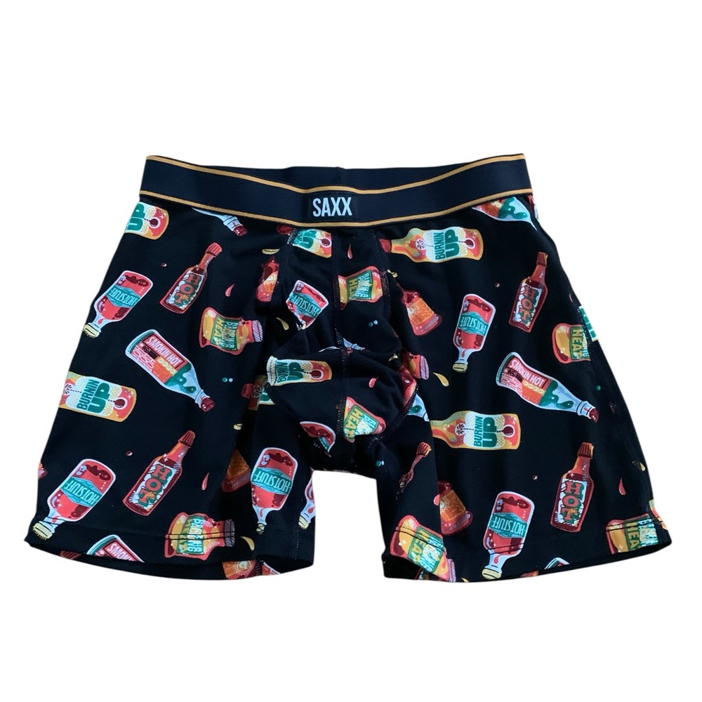 Saxx Black Boxer Briefs 🌶️ Colorful Hot Sauce Print – Size Small – NWOT